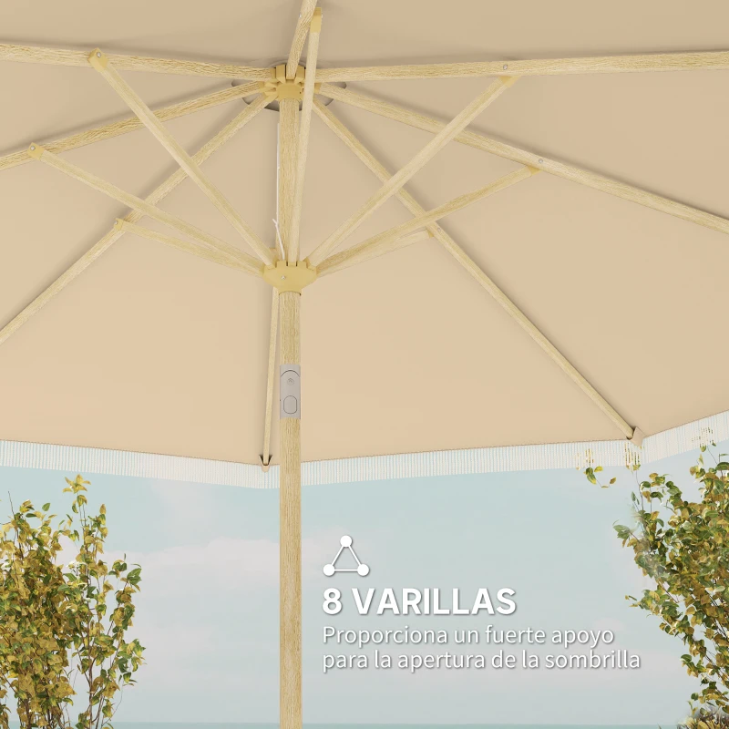 Outsunny Sombrilla de Jardín Ø265x244 cm con Manivela Manual Ángulo Ajustable y Flecos de Estilo Boho para Terraza Piscina Crema
