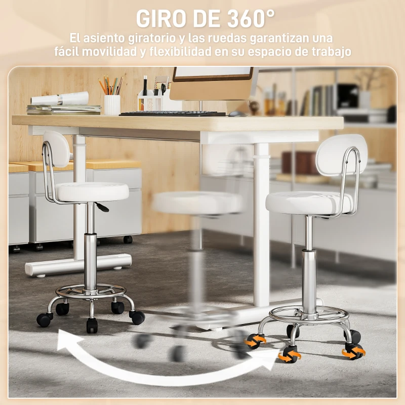 HOMCOM Taburete Giratorio con Respaldo y Ruedas Silla Ajustable para Salón de Belleza Estudio de Tatuajes 32x40x70-86cm Blanco