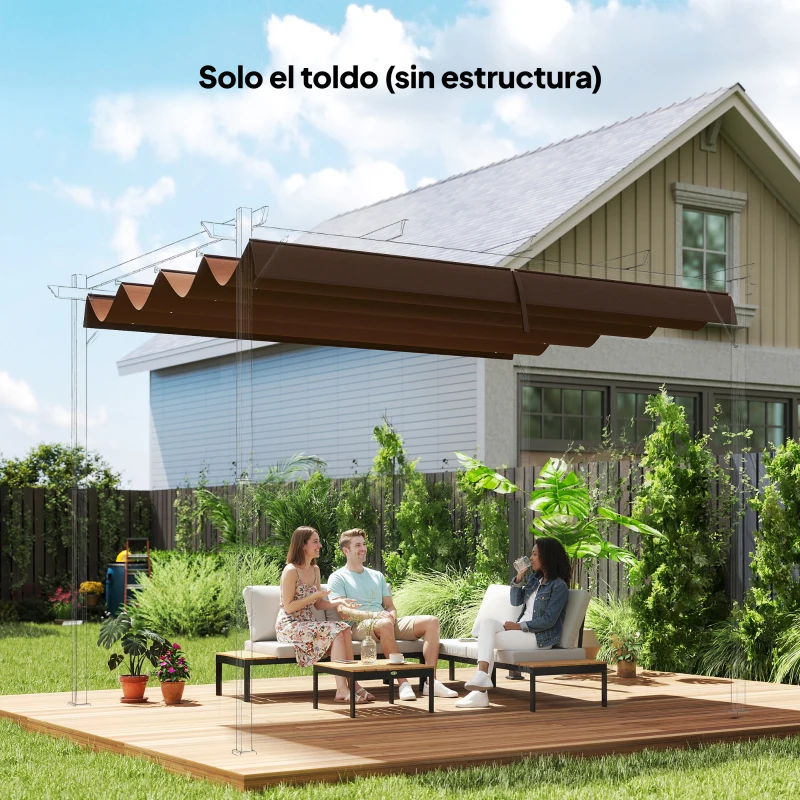 Outsunny Techo de Repuesto Retráctil 3x2,5 m para Marco de 3x2 m Toldo de Tela Solo para Cenador Jardín con 8 Orificios Café