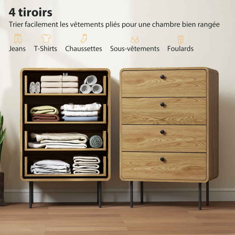 HOMCOM Commode 4 tiroirs, meuble de rangement étroit avec pieds en acier, coins arrondis, 60 x 39 x 91,5 cm, chêne