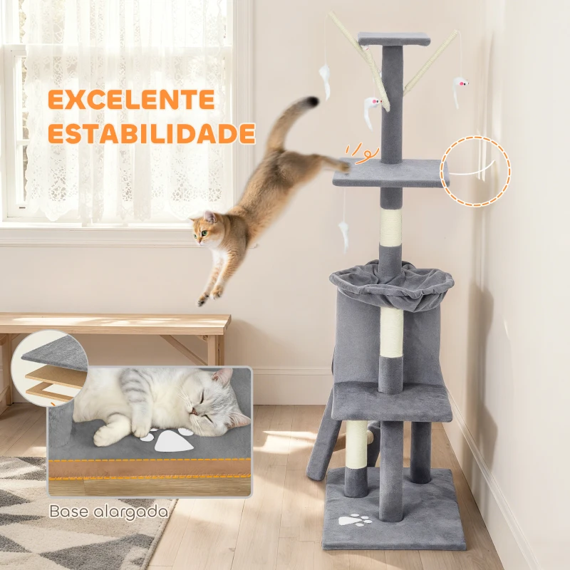 PawHut Arranhador para Gatos com Caverna Plataformas Rato de Brinquedo Rede e Postes de Sisal 60x35x134 cm Cinzento