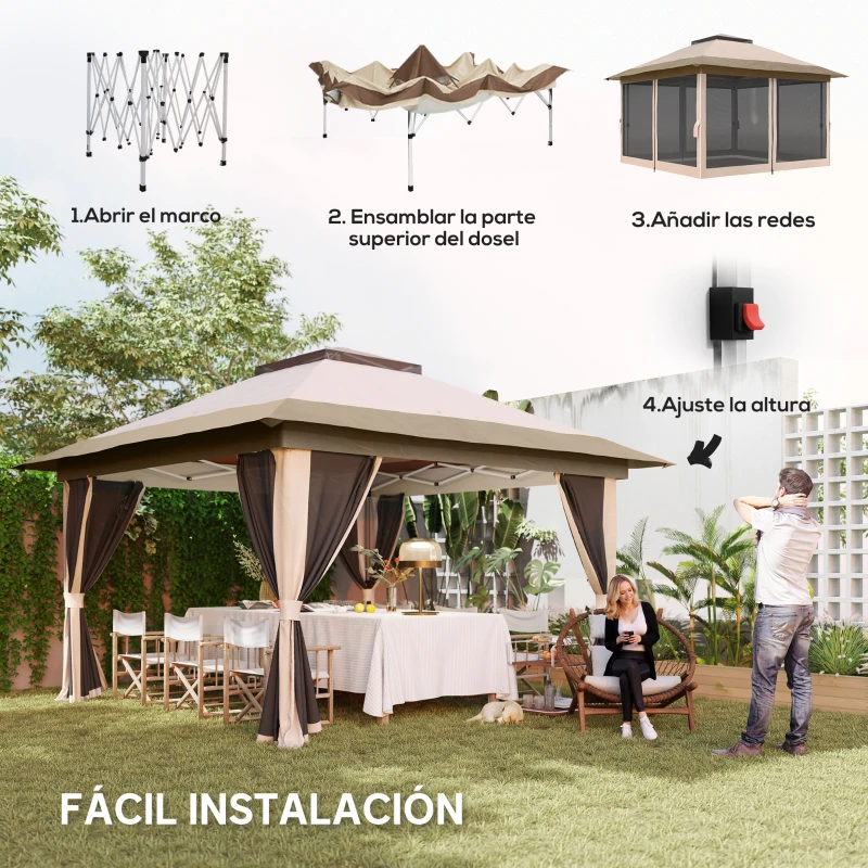 Outsunny Cenador Plegable 3,6x3,6 m con Laterales de Malla UPF50+ Altura Ajustable Bolsa con Ruedas y Bolsas de Arena Beige