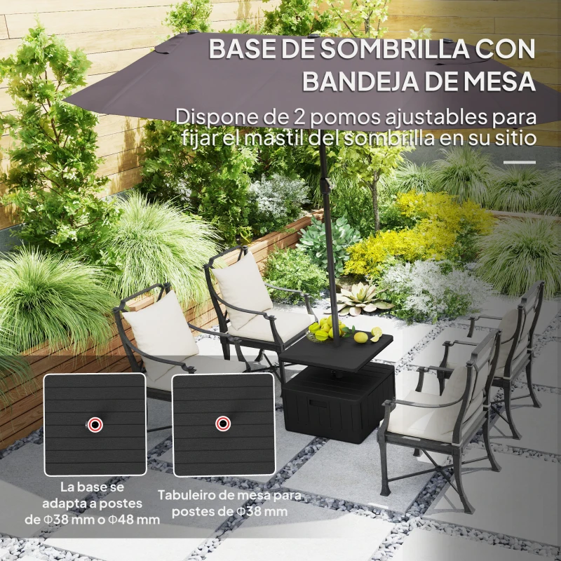 Outsunny Base para Sombrilla Exterior 3 en 1 Mesa Auxiliar Ajustable Macetero Soporte de Parasol Rellenable Arena 80 kg Negro
