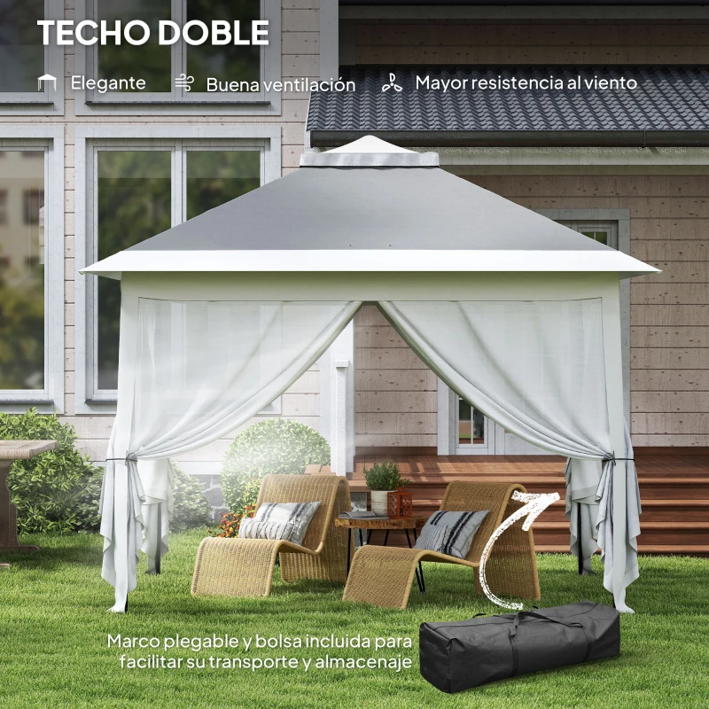 Outsunny Carpa Plegable 3,3x3,3 m Pop-up Altura Ajustable Doble Techo Mosquiteras Extraíbles y Bolsa de Transporte Anti-UV Gris
