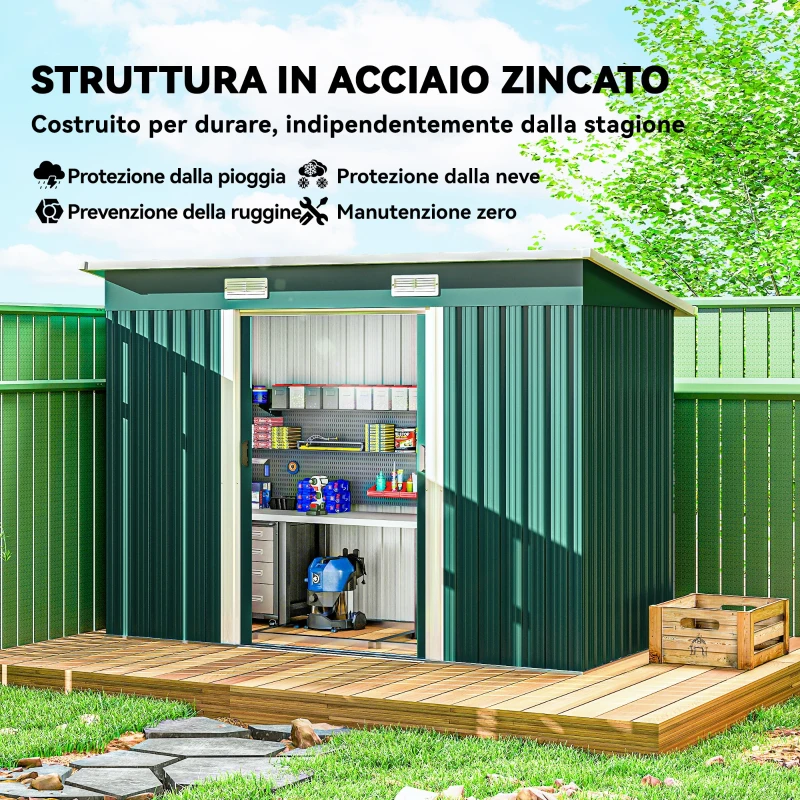 Outsunny Casetta da Giardino in Acciaio 272 x 134 cm con Porte Scorrevoli Doppie e 2 Prese d'Aria, Verde