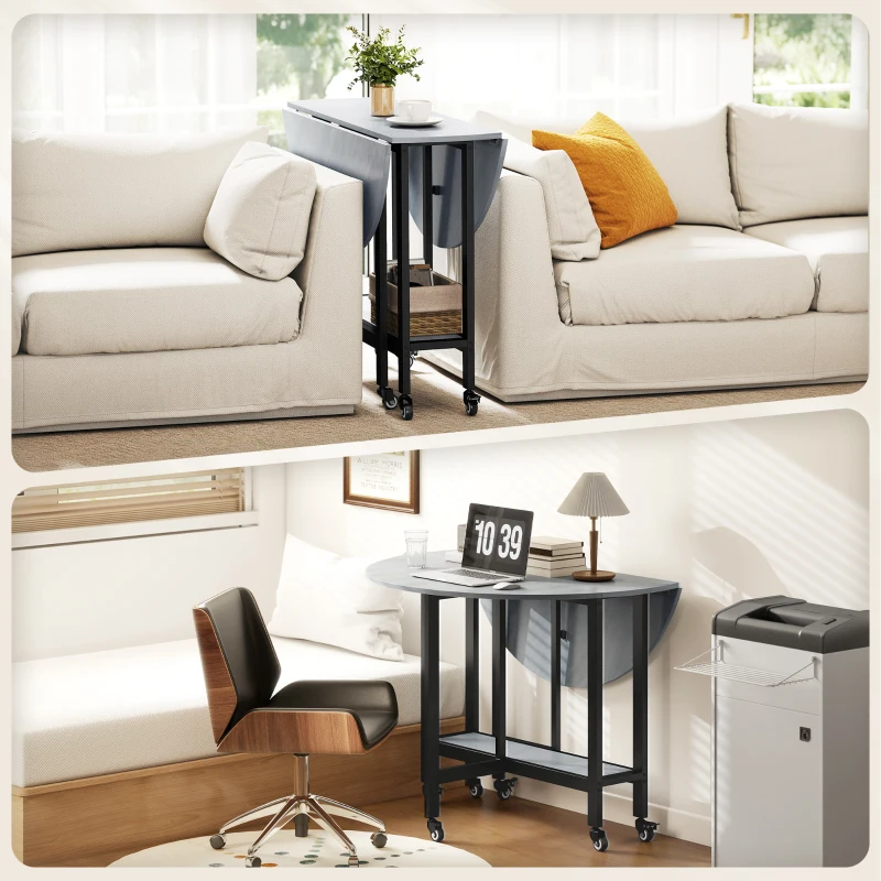 HOMCOM Mesa de Comedor Plegable con Ruedas y Estante Abierto Mesa de Cocina para Espacios Pequeños Gris Cemento