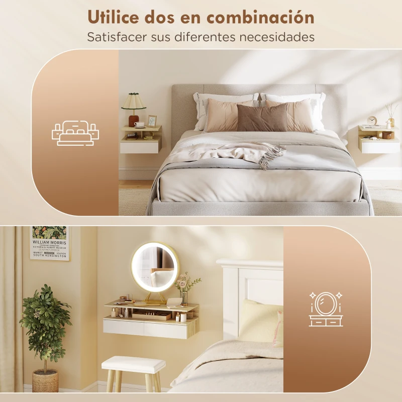 HOMCOM Juego de 2 Mesitas de Noche Flotantes con Cajón Montado en la Pared 35x32x22,5 cm Roble y Blanco