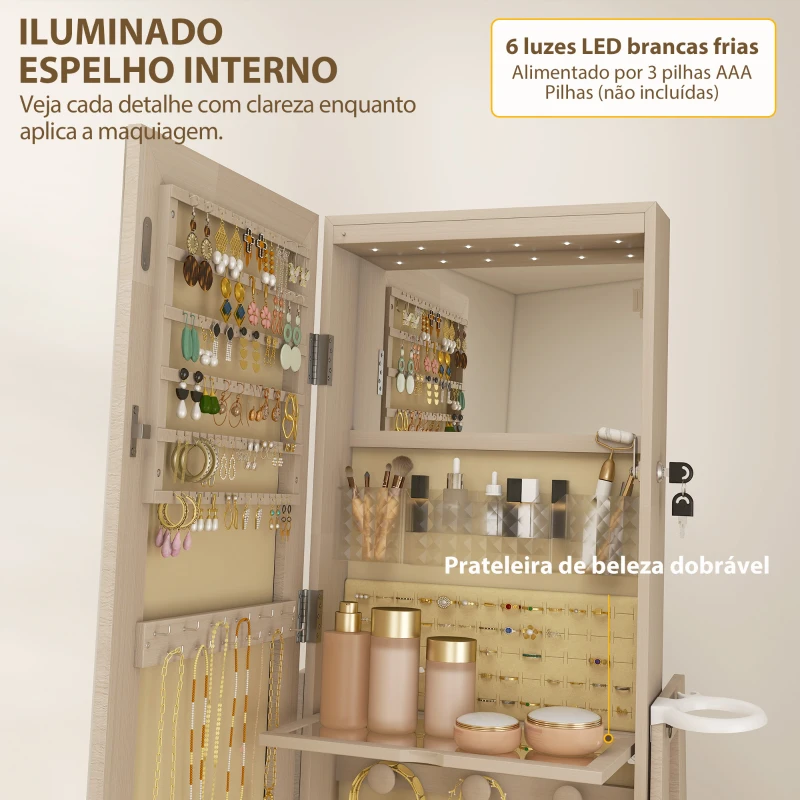 HOMCOM Espelho de Pé Giratório 360° com Espelho com Interior Iluminado Organizador de Jóias com Prateleiras e Gavetas 56x56x164 cm Madeira