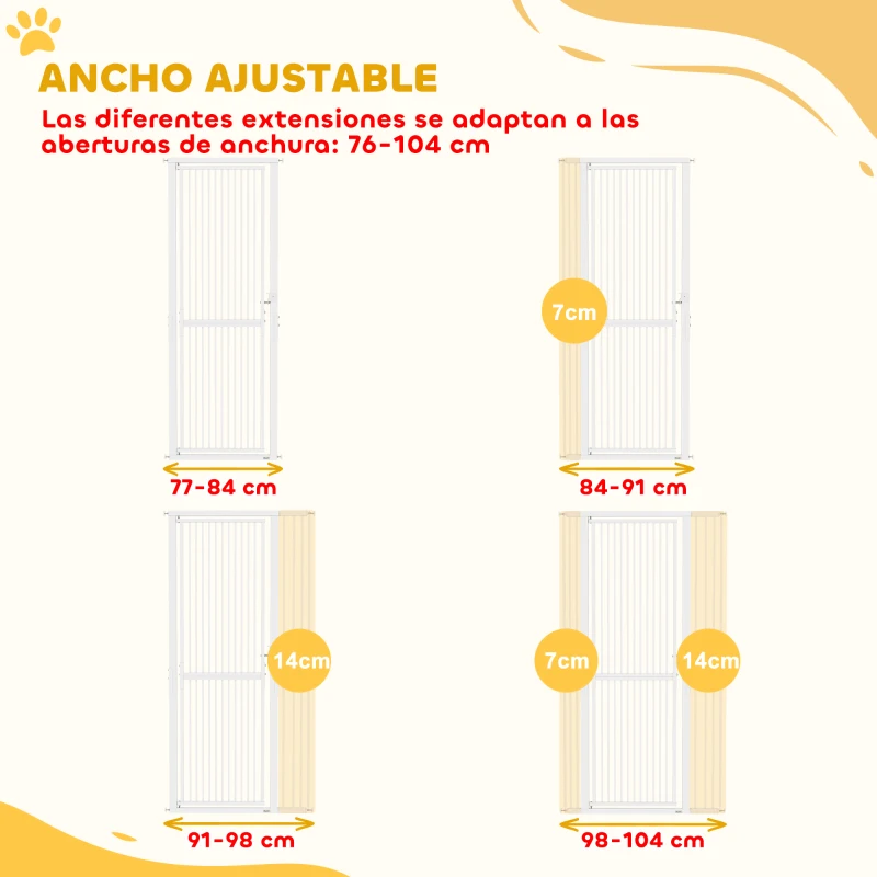 PawHut Barrera para Perros Extra Alta con Ancho Ajustable 76-104 cm Separación 3,5 cm con Montaje a Presión Extensiones Blanco