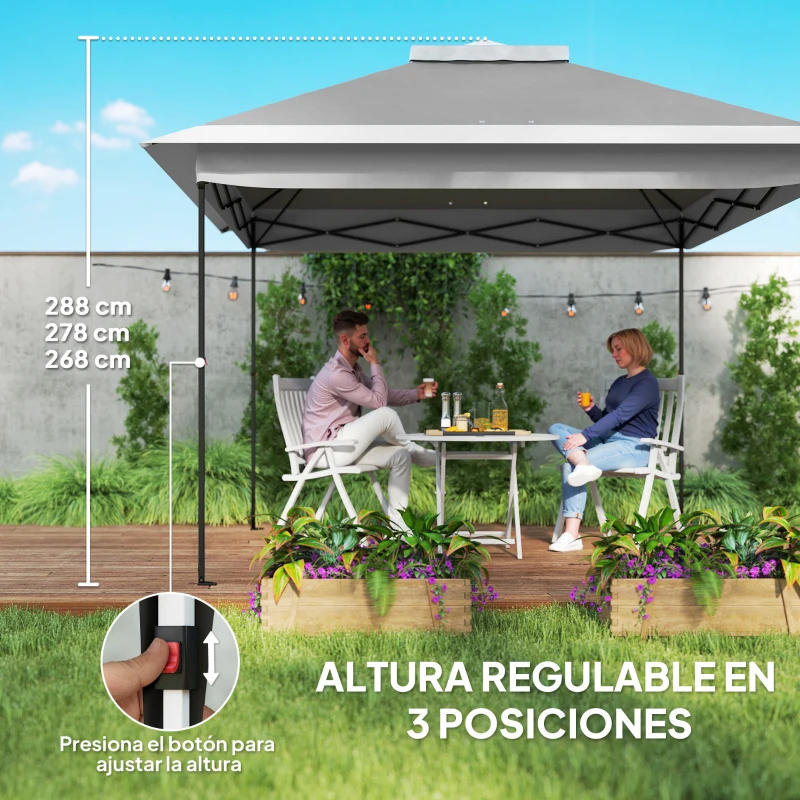 Outsunny Carpa Plegable 3,3x3,3 m Pop-up Altura Ajustable Doble Techo Mosquiteras Extraíbles y Bolsa de Transporte Anti-UV Gris
