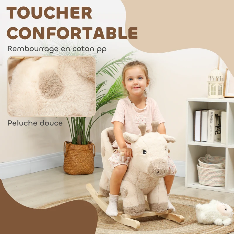 AIYAPLAY Cheval à bascule pour enfants girafe jouet à bascule bébé avec effet sonore, ceinture de sécurité, 68x35x50cm, beige
