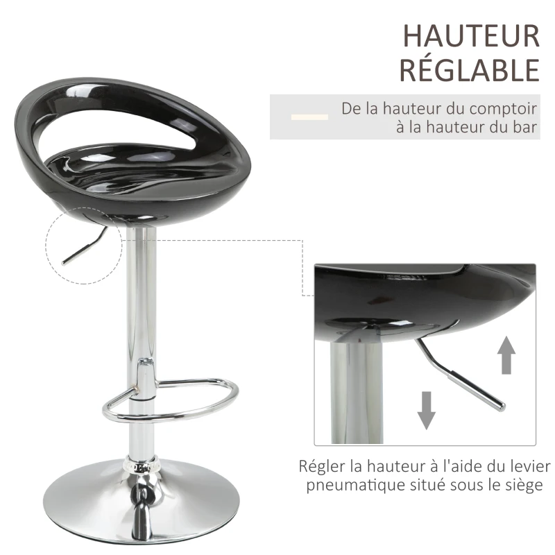 HOMCOM Lot de 2 tabourets de bar chaises de bar hauteur réglable dossier et repose-pieds pivotant à 360° 46x41x76-96cm noir