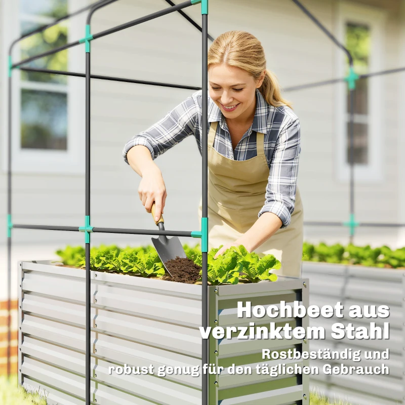 Outsunny Tomatengewächshaus Foliengewächshaus mit Hochbeet Rolltor Fenster Schrägdach 141 x 141 x 190 cm Weiß