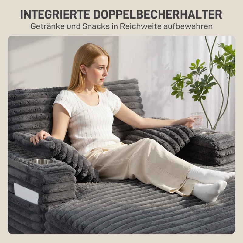 HOMCOM Chaiselongue 2 Sitzer Groß Schlafsofa 134 x 151 cm mit Becherhalter für Wohnzimmer, Grau