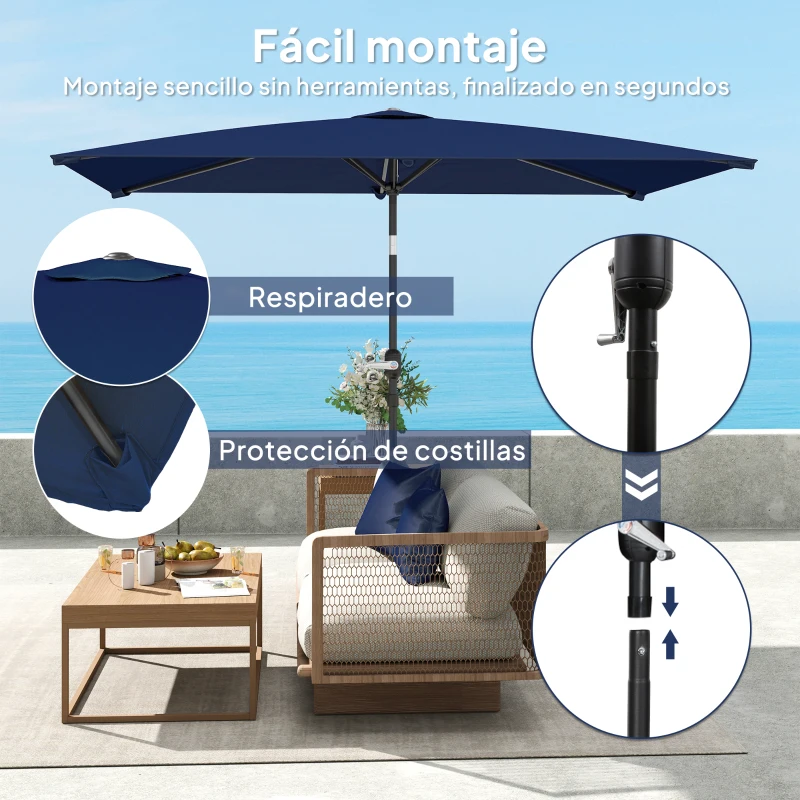 Outsunny Sombrilla de Aluminio 198x294x255 Parasol Rectangular de Jardín Inclinable con Manivela y Poste Desmontable Azul Marino