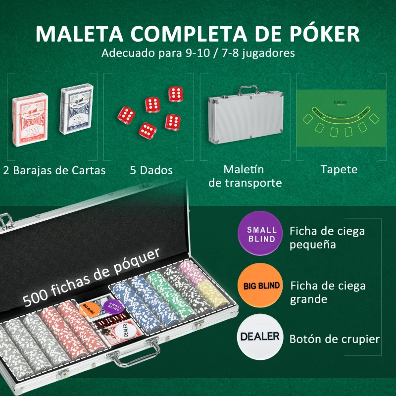 SPORTNOW Set de Póker con 500 Fichas 2 Barajas de Cartas Dados Tapete y Botón de Crupier Set de Casino Texas Hold'em con Maletín