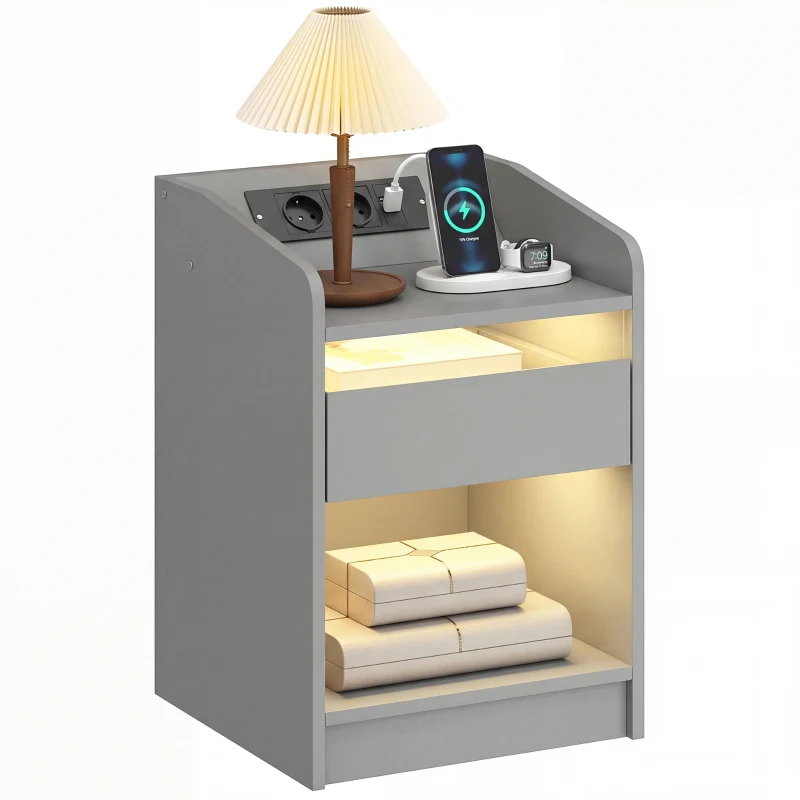 HOMCOM Mesita de Noche con Estación de Carga Luz LED RGB Cajón Estante Abierto Puertos USB y Control Remoto 40x40x58 Cm Gris