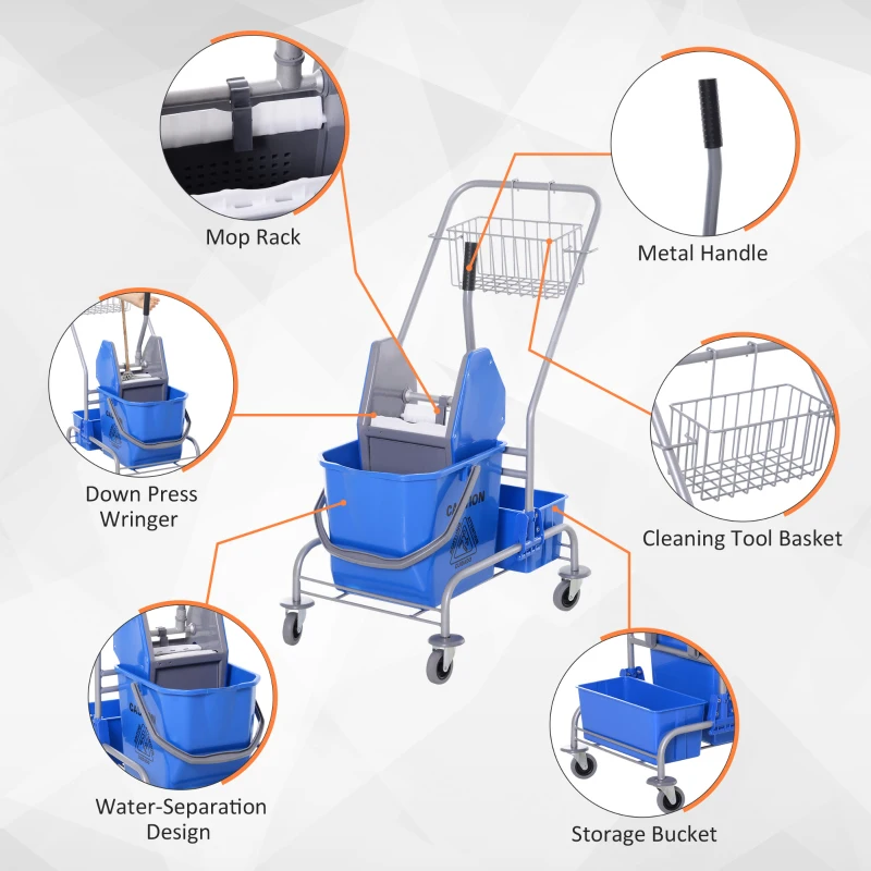 HOMCOM Wózek do sprzątania 25L z 4 kółkami, wiadro do mopa