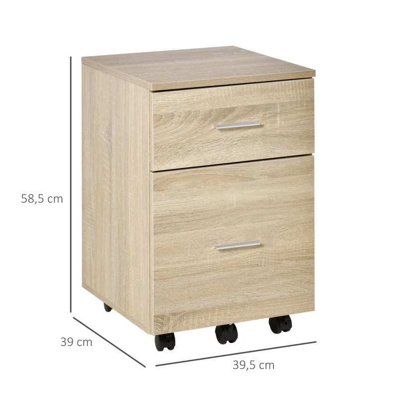 HOMCOM Cajonera de Escritorio con 2 Cajones Ruedas Archivador Móvil para Archivos A4 o Cartas 39,5x39x58,5 cm Roble