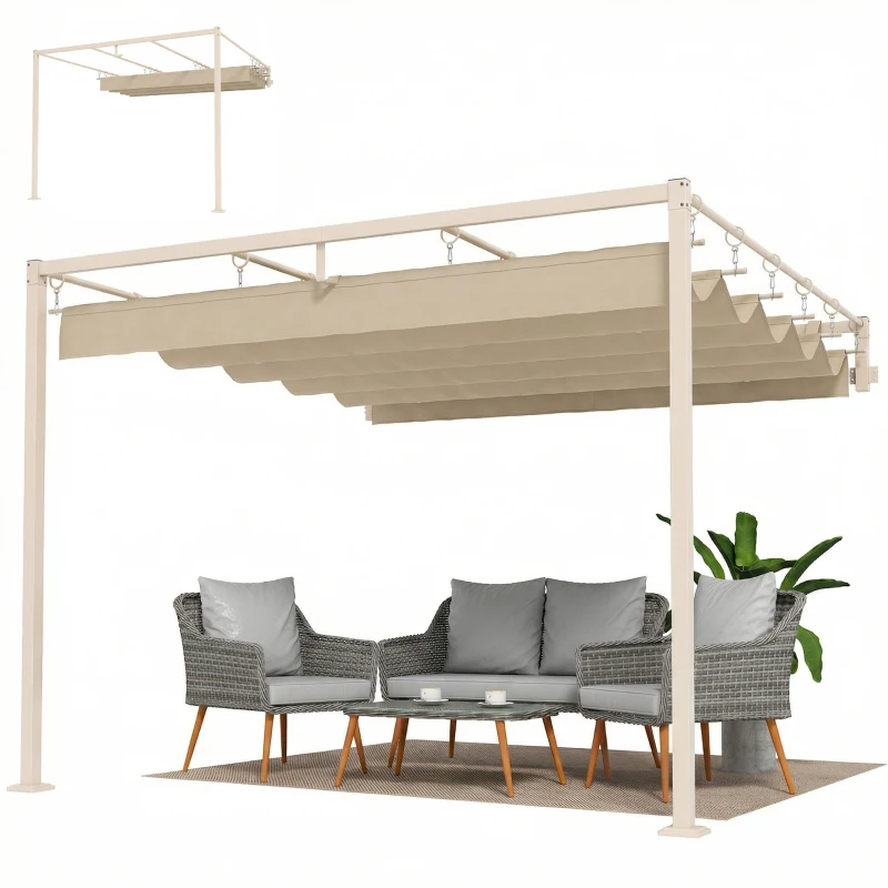 Outsunny Pérgola de Pared de Jardín 3x3 m con Techo Retráctil Protección UPF30+ Drenaje Cenador de Jardín para Exterior Beige