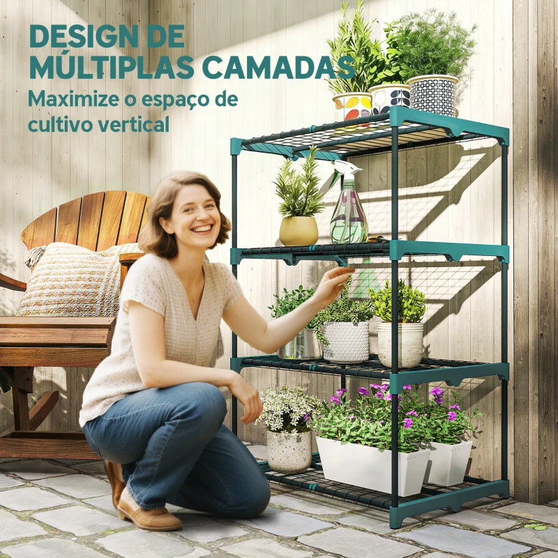 Outsunny Suporte para Plantas de 4 Níveis Estante para Plantas em Aço Prateleiras de Grade 67x49x105 cm Verde Escuro