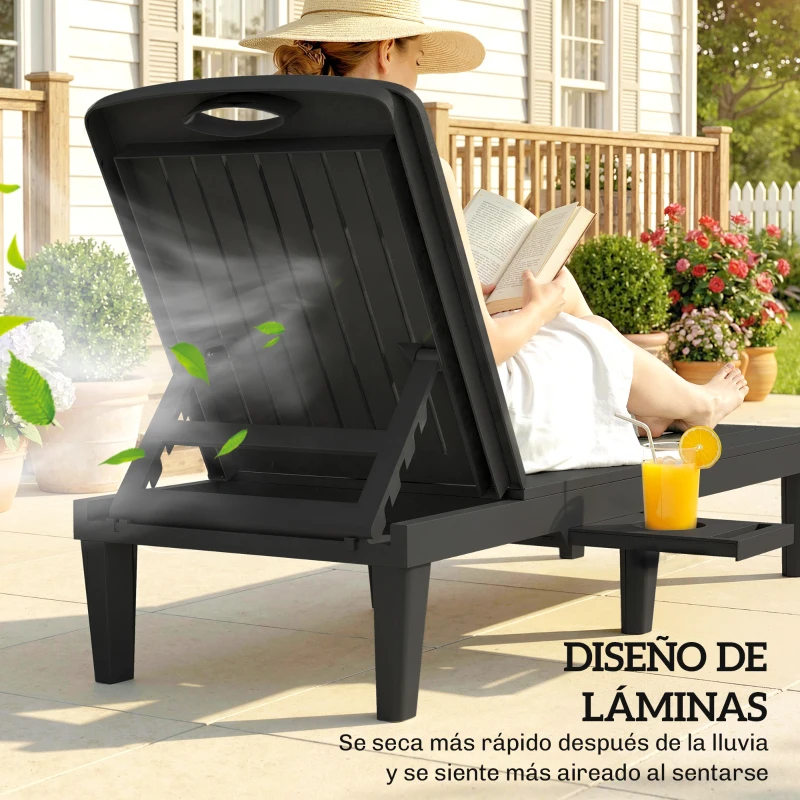 Outsunny Conjunto de 2 Tumbonas Reclinables de Plástico PP con Bandeja Lateral Respaldo Ajustable 5 Niveles 192x57x28,5 cm Negro