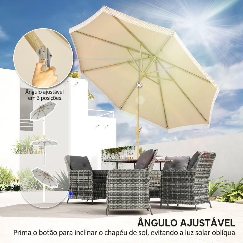 Outsunny Chapéu de Sol Exterior Ø265x244 cm Chapéu de Sol de Jardim com Ângulo Ajustável Manivela Franjas de Estilo Boho Creme
