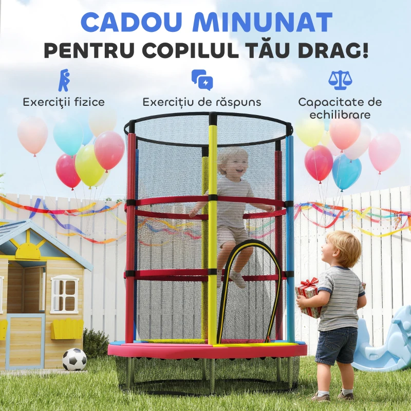 HOMCOM Trambulină pentru Copii 3-6 Ani cu Plasă de Siguranță, Fără Arcuri, Picioare în L, pentru Interior și Exterior, Ø160x190 cm, Multicolor