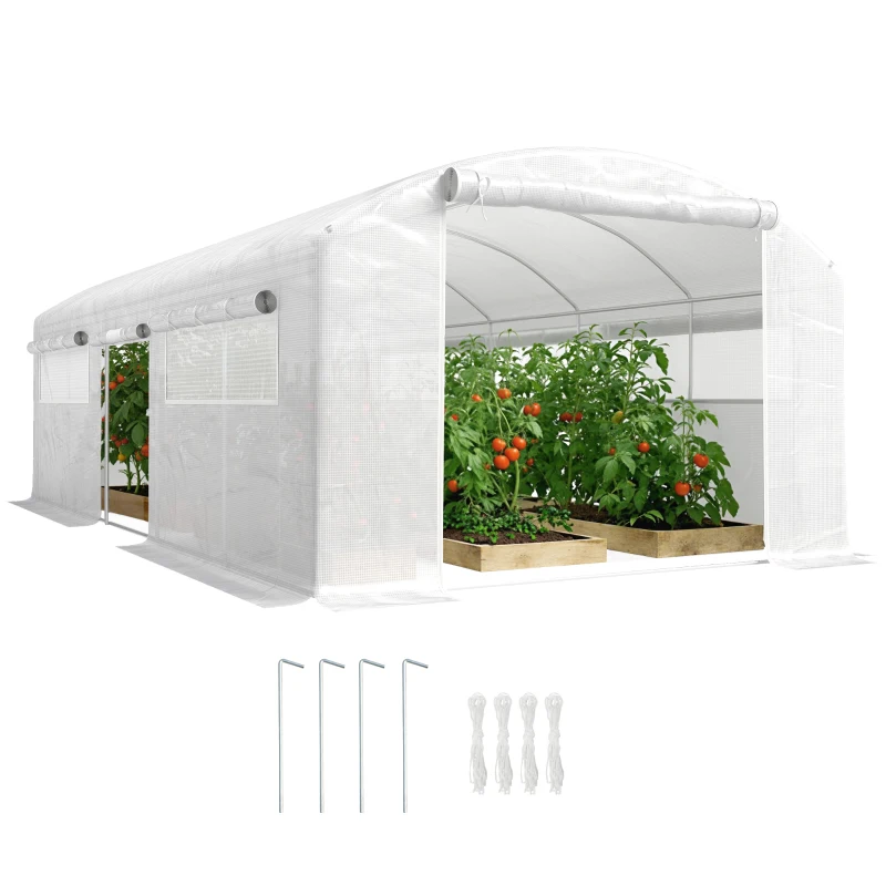 Outsunny Estufa Túnel 6x3x2 m com 3 Portas Enroláveis, 6 Janelas com Rede e Estrutura de Aço Galvanizado Branco