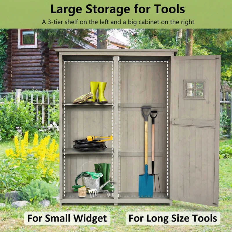 Outsunny Wooden Garden Shed with Two Windows, Tool Storage Cabinet, Outdoor Double Door Organizer 127.5L x 50W x 164H cm, Grey