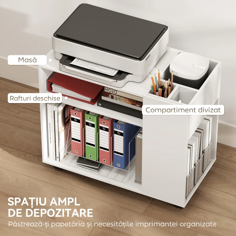 HOMCOM Dulap pentru Imprimantă cu Roți, Dulap Multifuncțional cu Compartimente Deschise, Raft și Spațiu de Depozitare, Noptieră pentru Living, Cameră sau Birou, 70x36x60 cm, Alb