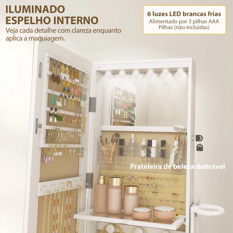 HOMCOM Espelho de Pé Giratório 360° com Espelho com Interior Iluminado Organizador de Jóias com Prateleiras e Gavetas 56x56x164 cm Branco