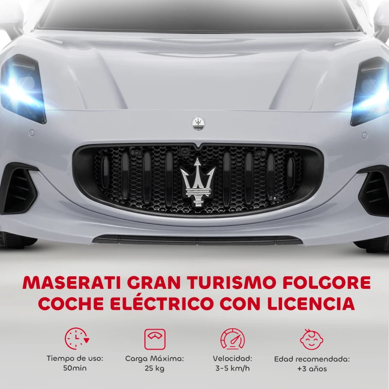 AIYAPLAY Coche Eléctrico Infantil Maserati Gran Turismo Folgore con Batería 12V Mando a Distancia Faros Bocina Música MP3 Gris