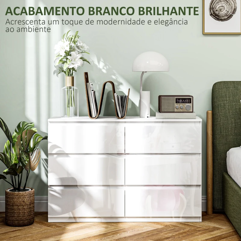 HOMCOM Cómoda com 6 Gavetas de Madeira Cómoda de Dormitório Cómoda Branca Estilo Moderno 112x34x75 cm Branco Brilhante