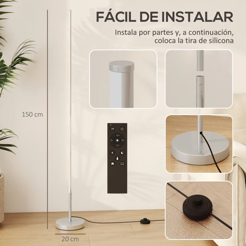 HOMCOM Lámpara de Pie Moderna Salón con Brillo Temperaturas de Color Ajustables Mando a Distancia Magnético Gris Plateado