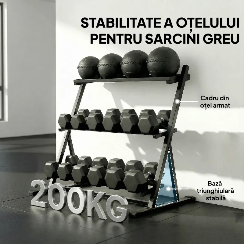 SPORTNOW Suport pentru Greutăți cu 3 Nivele, Reglabil pentru Gantere și Kettlebell-uri, Economisire de Spațiu pentru Sala de Acasă, Capacitate 200 KG