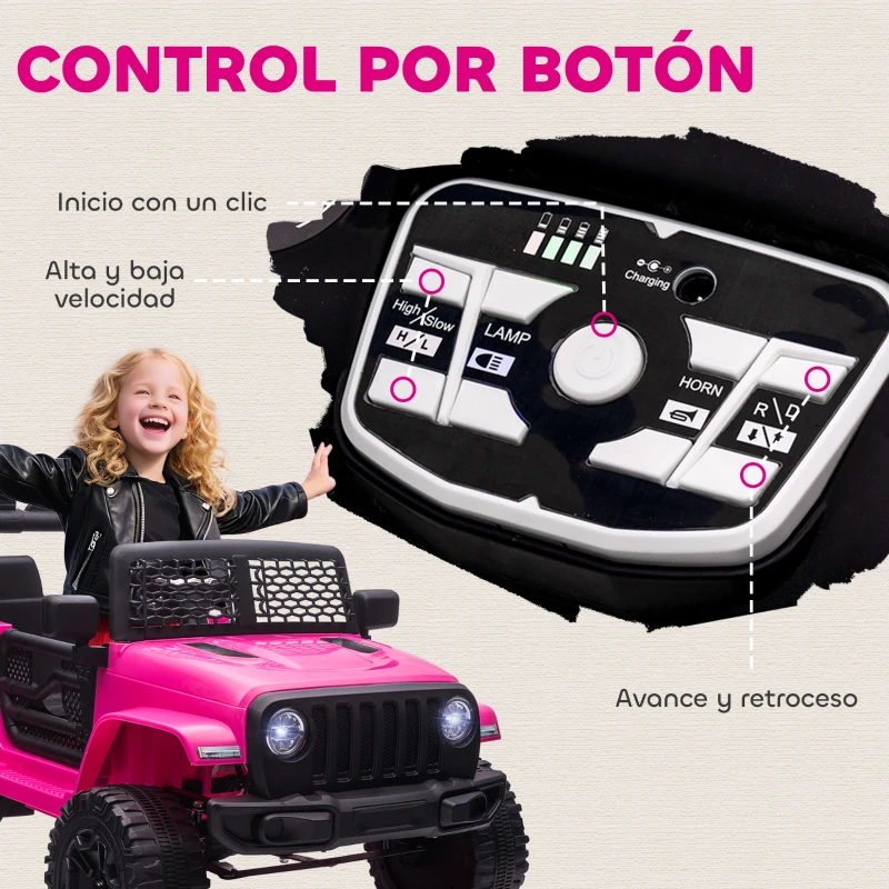 HOMCOM Coche Eléctrico para Niños de +3 Años Vehículo Todoterreno de Batería 12V con Control Remoto 100x65x72 cm Rosa