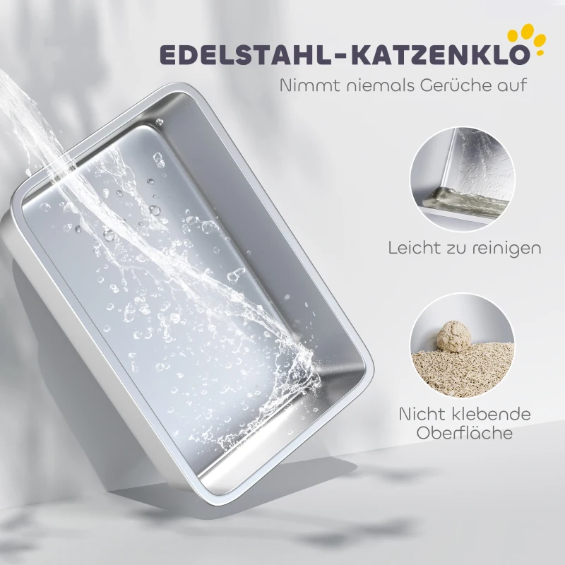 PawHut Katzentoilette Edelstahl Offene Katzenklo mit Schaufel hohem Rand für große Katzen bis 12 kg 69,8 x 50,3 x 29,8 cm Grau