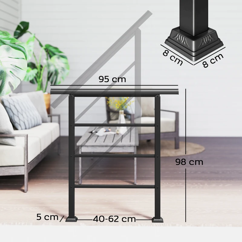 Outsunny Barandilla de Escalera 95 cm Pasamanos para Escalera con Kit de Instalación Ángulo Ajustable para 1-3 Escalones Negro