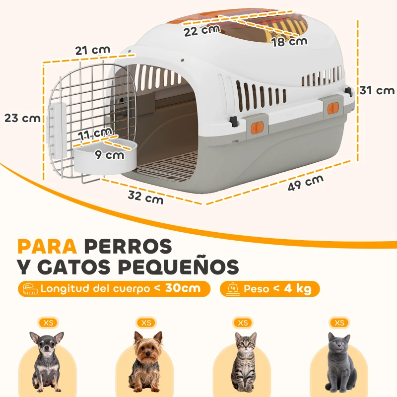 PawHut Transportín para Gatos Perros Pequeños de Plástico Carga 4 kg con Claraboya Cuenco Puerta de Acero Gris Claro