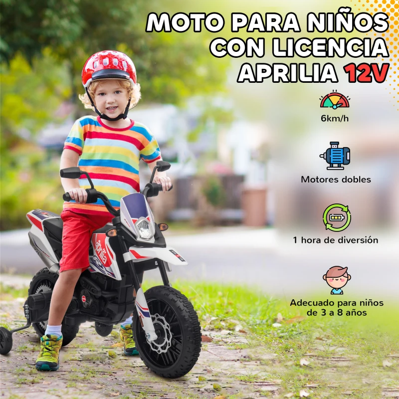AIYAPLAY Moto Eléctrica para Niños 12V con Licencia Aprilia con Ruedas Auxiliares Desmontables 6 km/h Suspensión Trasera Blanco