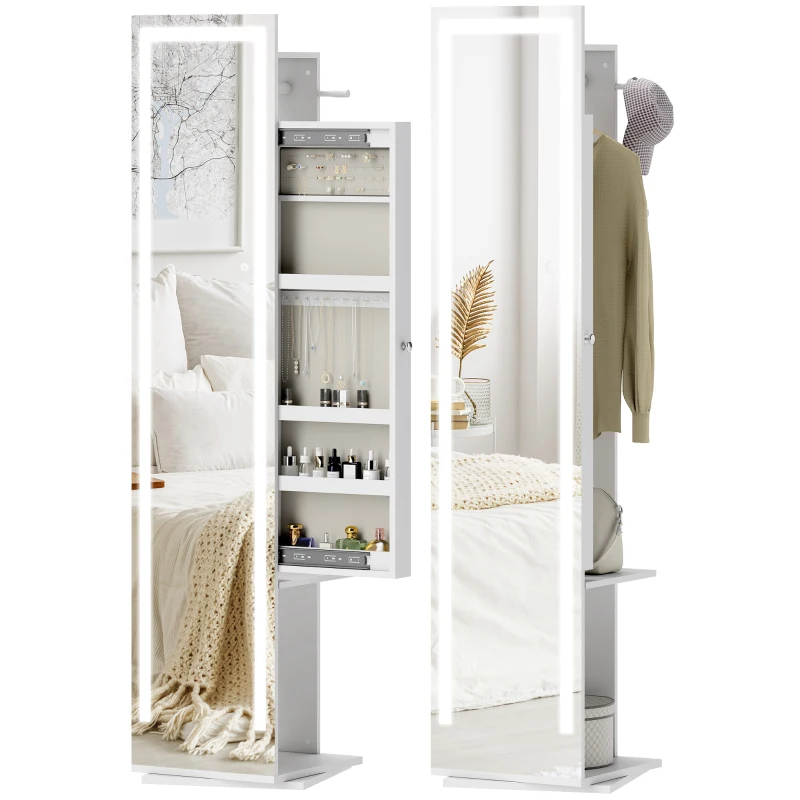 HOMCOM Espelho para Jóias com Luzes LED Espelho de Corpo Inteiro Rotativo 360° Prateleiras Abertas Barras para Pendurar Branco