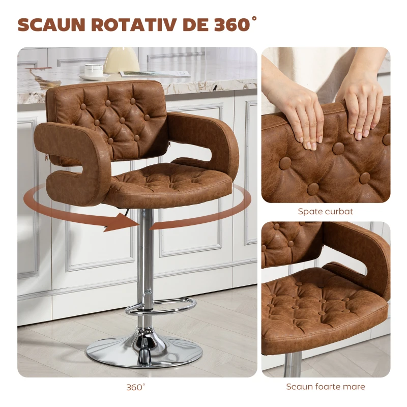 HOMCOM Taburet de Bar cu Înălțime Reglabilă, Scaun Înalt din PU cu Spătar, Suport pentru Picioare, Cotiere și Șezut Moale, Structură din Oțel, Rotativ la 360°, pentru Bucătărie, Maro