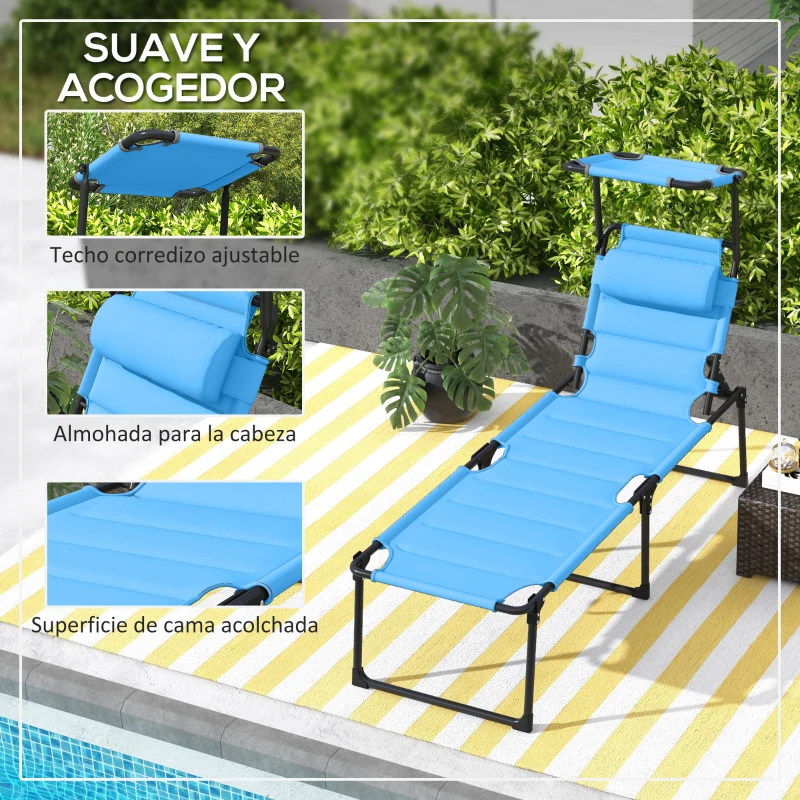 Outsunny Tumbona de Jardín con Toldo Ajustable Respaldo Regulable 4 Niveles Reposacabezas para Terraza 70x200x45 cm Azul Claro
