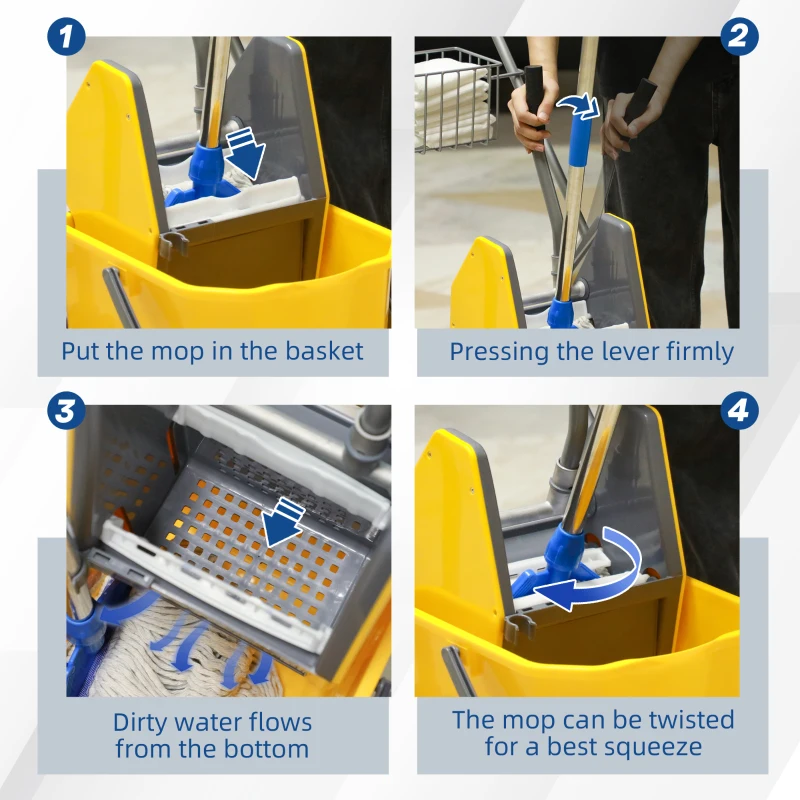 HOMCOM wiadro do mopa, wózek do sprzątania, mobilny, plastik, metalowy uchwyt, żółty