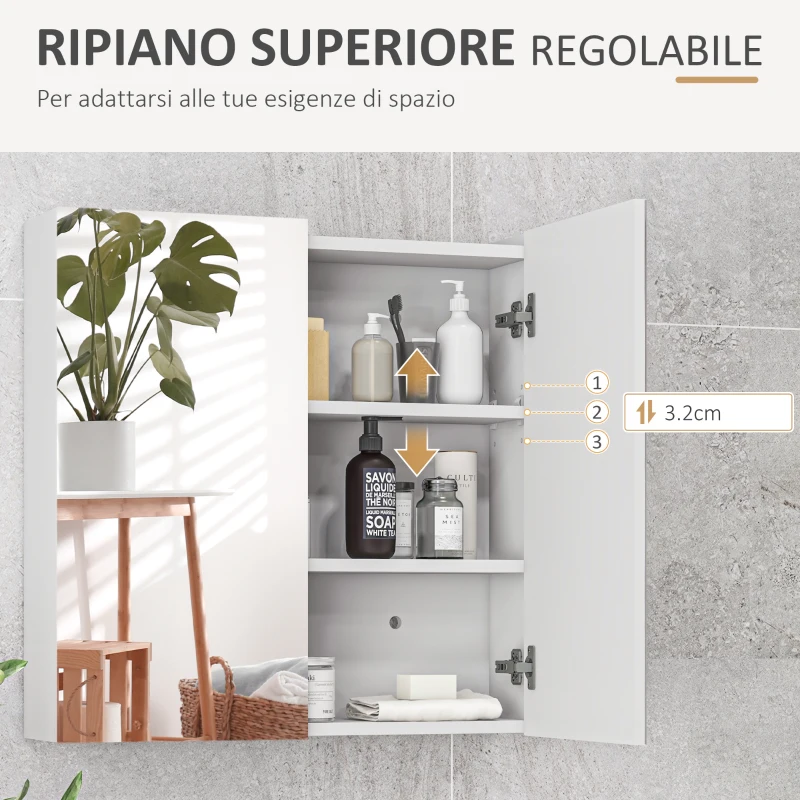 kleankin Armadietto a Specchio a 3 Ripiani Interni Regolabili, in Legno e Vetro, 60x15x60 cm, Bianco
