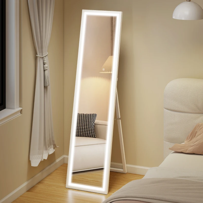 HOMCOM Oglindă Iluminată cu Lumini LED Reglabile și Buton Tactil, din Sticlă și MDF, 40x5x160 cm, Alb