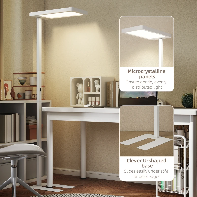 HOMCOM LED Lampa Stojąca, Światło Przyjazne dla Oczu, Podłogowa z Pilotem, Regulowana Jasność, Tworzywo Sztuczne, Metal, Biały