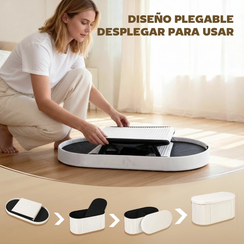 HOMCOM Puff Almacenaje Banco Almacenaje Plegable 72 L 76x38x35 cm Tapizado en Terciopelo Baúl de Almacenamiento Crema