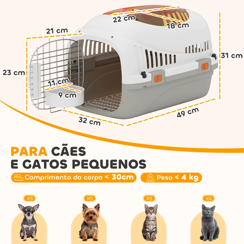 PawHut Transportadora para Gatos e Cães Pequenos de Plástico Suporta até 4 kg com Claraboia Taça Porta de Aço Cinzento Claro